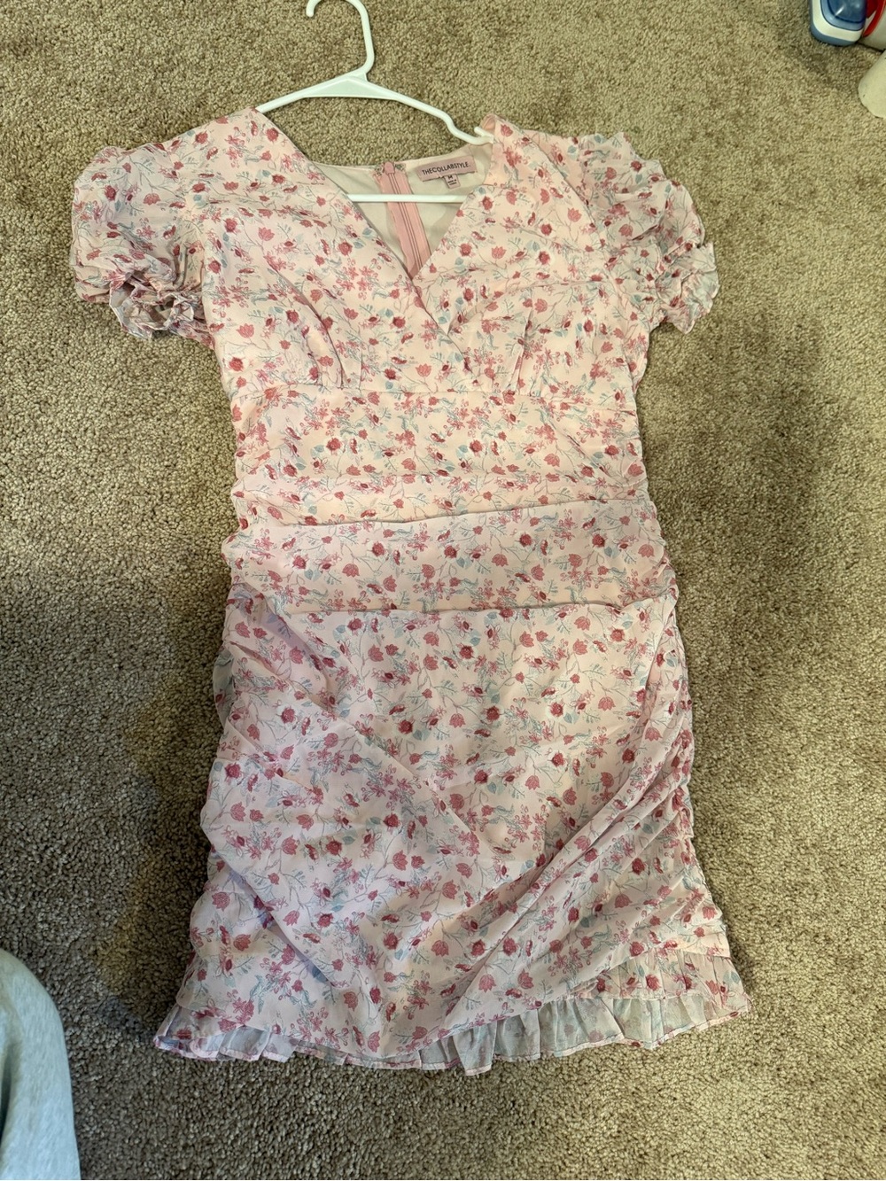 Floral Pink Ruffle V-Neck Dress